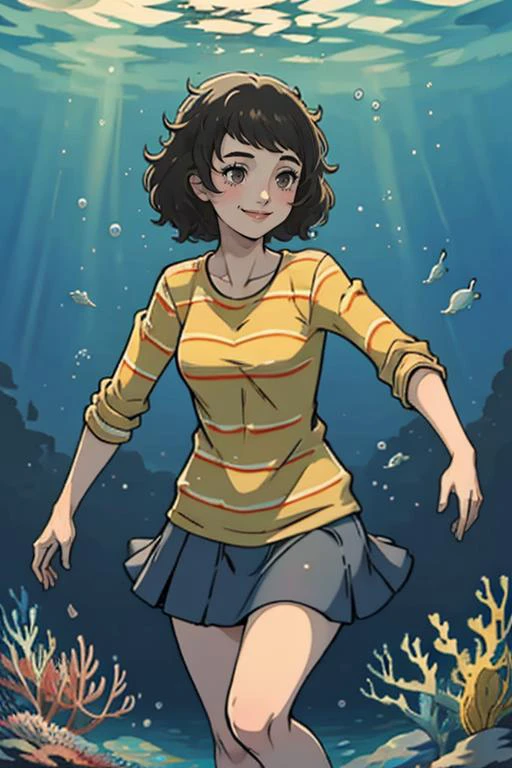 (masterpiece, best quality:1.2), <lora:sadayokawakami:.9>, sadayokawakamisweater, 1girl, solo, breasts, smile, skirt, shirt, striped, striped shirt, underwater, swimming,