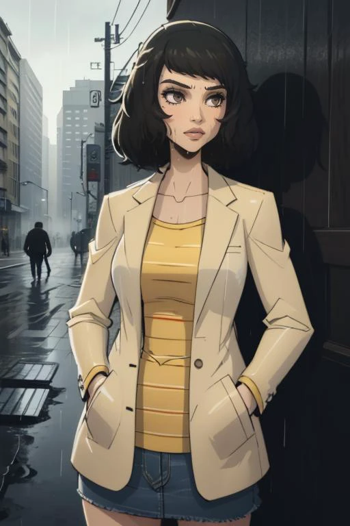 (masterpiece, best quality:1.2), <lora:balsamique:.95>, balsamique, <lora:sadayokawakami:.98>, sadayokawakamijacket, 1girl, solo, breasts, skirt, yellow shirt, striped shirt, striped, jacket, denim, collarbone, outdoors, rain, fog, wet, hands in pockets, city,