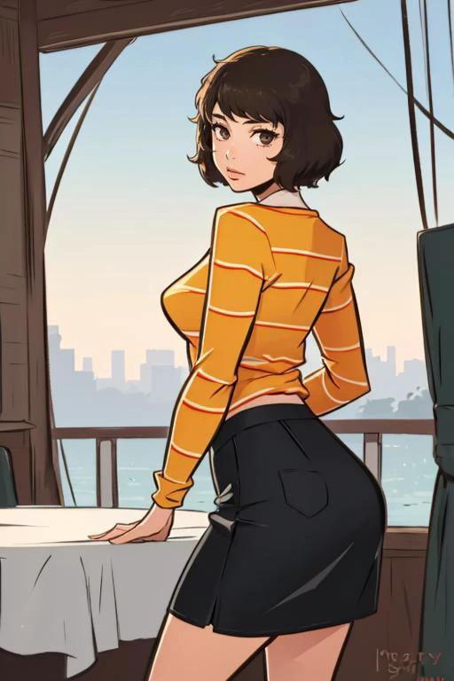 (masterpiece, best quality:1.2),  <lora:hugotendaz:0.95> hugotendaz, 1girl, solo, looking at viewer, breasts, <lora:sadayokawakami:0.95> sadayokawakamisweater, skirt, shirt, striped, striped shirt,