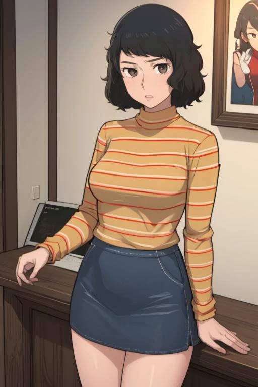 (masterpiece, best quality:1.2), <lora:ntrman:0.95>, ntrman, 1girl, solo, looking at viewer, breasts, <lora:sadayokawakami:0.95> sadayokawakamisweater, skirt, shirt, striped, striped shirt,