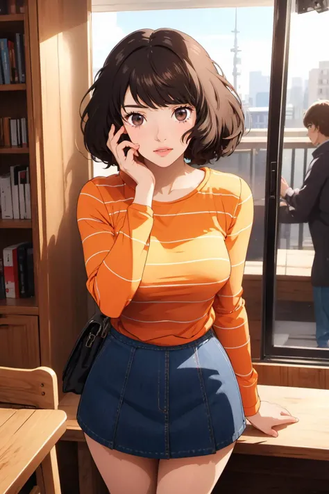 (masterpiece, best quality:1.2),  <lora:neocoill:.95>, neocoill, <lora:sadayokawakami:.95>, sadayokawakamisweater, 1girl, solo, breasts, skirt, shirt, striped, striped shirt, looking at viewer,