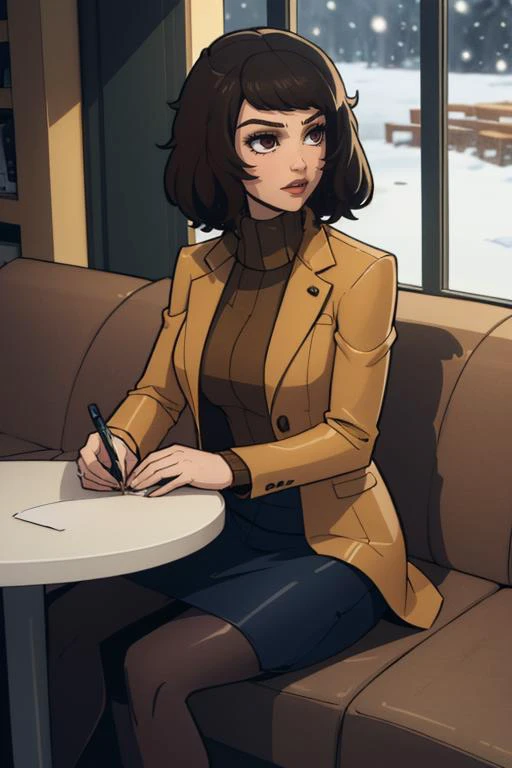 (masterpiece, best quality:1.2), <lora:balsamique:.95>, balsamique, <lora:sadayokawakami:.98>, sadayokawakamicoat, 1girl, solo, breasts, skirt, jacket, bag, pencil skirt, pantyhose, sweater, coat, turtleneck, ribbed sweater, brown jacket, turtleneck sweater, brown coat, caf, booth seating, indoors, snowing,