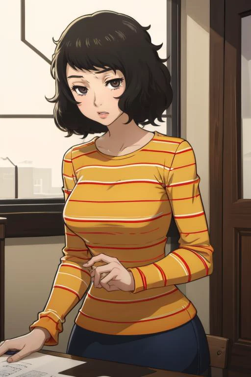 (masterpiece, best quality:1.2), <lora:mikeinel:0.95>, mikeinel, 1girl, solo, looking at viewer, breasts, <lora:sadayokawakami:0.95> sadayokawakamisweater, skirt, shirt, striped, striped shirt,