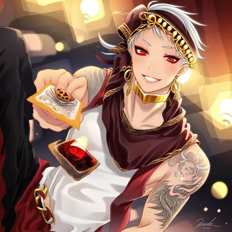 Tattoos, Silver hair, Red eyes, Golden jewellery, Kalim Al Asim