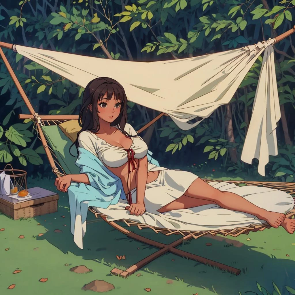 young barefoot woman sleeing in a hammock, full figure shot, pasterpiece, highly detailed <lora:BigBirdCage_v3-000060:0.7> big _bird_cage