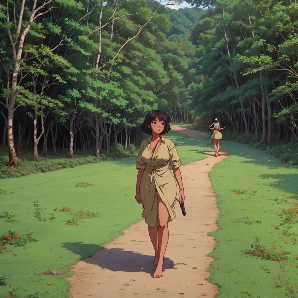 young barefoot woman walking on a forest path, full figure shot, pasterpiece, highly detailed <lora:BigBirdCage_v3-000060:0.9> big _bird_cage