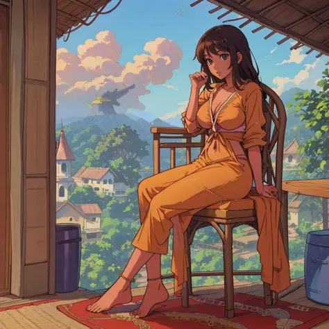 young barefoot woman sitting on veranda, full figure shot, m asterpiece, highly detailed <lora:BigBirdCage_v3-000060:0.7> big _bird_cage