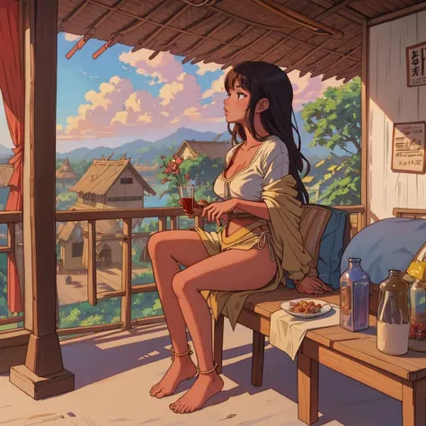 young barefoot woman sitting on veranda, full figure shot, m asterpiece, highly detailed <lora:BigBirdCage_v3-000060:0.7> big _bird_cage