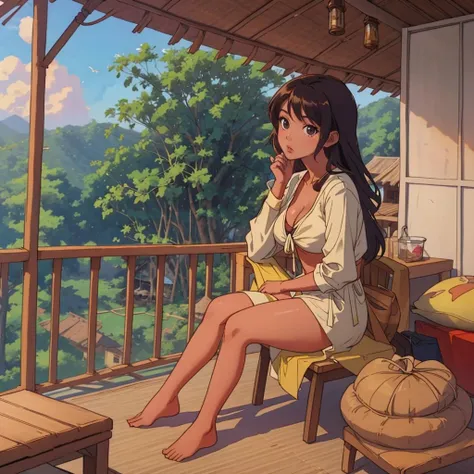 young barefoot woman sitting on veranda, full figure shot, m asterpiece, highly detailed <lora:BigBirdCage_v3-000060:0.7> big _bird_cage