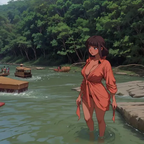 young barefoot woman bathing in a river, full figure shot, pasterpiece, highly detailed <lora:BigBirdCage_v3-000060:0.9> big _bird_cage