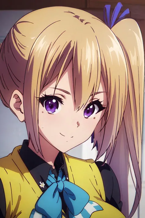 masterpiece, extremely detailed, best quality, 8k illustration, beautiful illustration, beautiful eyes, extremely detailed eyes, best lighting, best shading, ((best quality)),((highly detailed)), masterpiece, absurdres, detailed face, beautiful face,(detailed eyes, deep eyes),(1girl),((dynamic pose)), <lora:WIZ_PhantomBLONDE-30:1> Phantom_Mai, 1girl, kawakami mai, mole under eye, mole, solo, purple eyes, side ponytail, blonde hair, long hair, school uniform, smile, ribbon, breasts, hair ribbon, sweater vest, looking at viewer