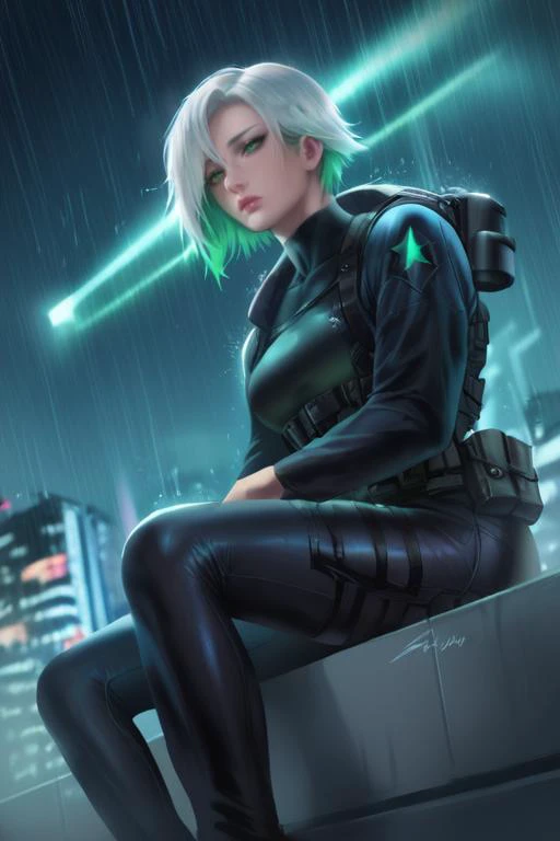 score_9, score_8_up, score_7_up, score_6_up,solo, 1girl, white hair, tired, green inner hair, Detailed face, green eyes, 8k eyes, detaile eyes, girl wearing black hood, tactical gear, bood on face, night, minimalism city style, city rooftop, rain, makoto sinkai style, Mirrors edge catalyst game city style, sitting on position, holding sniperife, view from below, (holding sniperrife next to her head), <lora:more_details:1> , realism, <lora:sakimi4:1>, green neon hex particles in the air <lora:Perfect Hands v2:1>