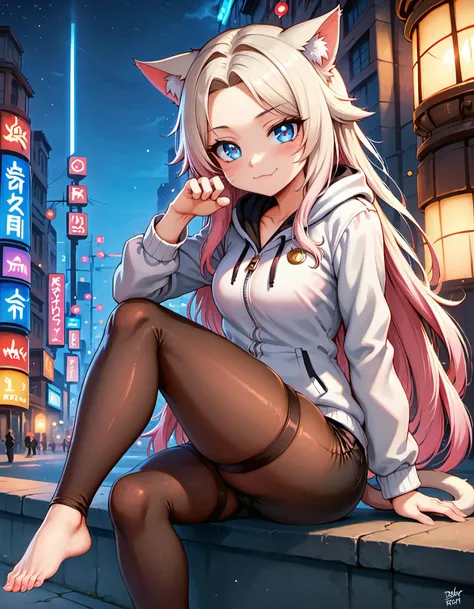 score_9, score_8_up, score_7_up, masterpiece, best quality, 32k, diffusion, 16k, hdr, dramatic lighting, soft lighting, iridescent, atmospheric lighting, dimly-lit, soft texture, cinematic, posing, perfect face, perfect eyes, intricate details, highly detailed, 1girl, catgirl, crystalline eyes, seductive expression, asymmetric hair, (multicolored eyes:1.1), parted hair, combover, public, city, whisker markings, snaggle tooth, side view, sitting, :3, motion lines, leggings, skintight clothes, pulling down pants, whiskers, cutesy pose, paw pose, one leg to chest