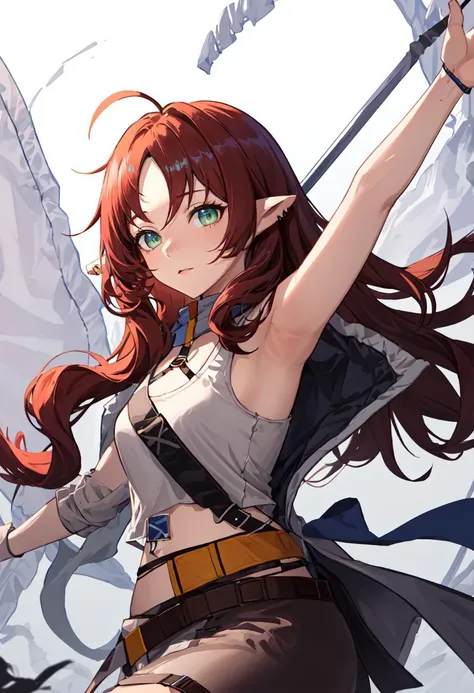 masterpiece, best quality, Myrtle, holding flag, dynamic angle, a fluttering flag, multicolored background, dynamic color, colorful, effect, clear sky, confident pose, standing, one hand on hips, <lora:mtl-000007:1>,