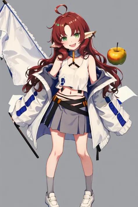 best quality, masterpiece, highres, solo, {myrtle_arknights:1.15}, long_hair, pointy_ears, bangs, red_hair, ahoge, green_eyes, smile, parted_bangs, open_mouth, piercing, blush, ear_piercing, brown_hair, 1girl, apple, bare_shoulders, chibi, flag, food, fruit, holding, jacket, long_sleeves, looking_at_viewer, off_shoulder, skirt, sleeves_past_wrists, tank_top, very_long_hair, white_jacket, white_tank_top, bug, butterfly, full_body, grey_skirt, grey_socks, holding_flag, holding_food, holding_fruit, navel, open_clothes, open_jacket, socks, standing, ;d, blue_background, hand_up, one_eye_closed, shoes, simple_background, white_footwear