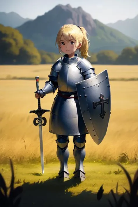 (medieval child knight heavy armor decorated with runes:1.3) (sword and shield in the hands:1.1), (blonde hair, top pony tail), standing in a tall field of grass, clear sky, looking at camera, close up, from waist, (best quality, high quality:1.2), (masterpiece:1.1), (detailed), anime, illustration, 8k, hdr, cinematic lighting, cinematic bloom, sharp focus, lens flare, ray tracing, reflections, sharp focus, artstation, deviantart, behance, best artists, award winning