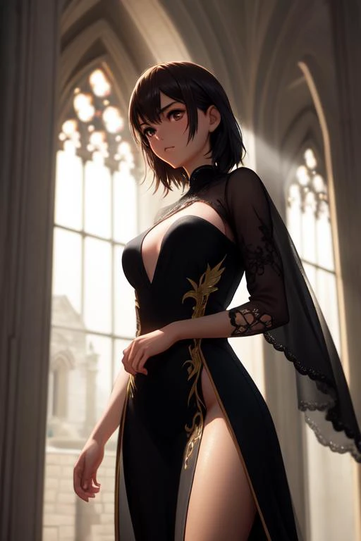 girl, delicate and beautiful, dark brown hair, layered hair, standing, luxurious stone keep, mossy gothic architecture, sunlight through window, wealthy, luxurious, magnificent, opulent, elaborate, intricate, detailed embroidered dress, looking at camera, close up, from waist, (best quality, high quality:1.2), (masterpiece:1.1), (detailed), 8k, hdr, cinematic lighting, cinematic bloom, sharp focus, lens flare, ray tracing, reflections, sharp focus, dimly lit, low key, anime, artstation, deviantart, behance, best artists, award winning