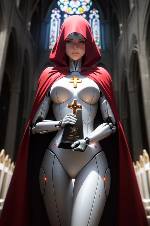 woman, robot, cyborg, knight templar, wearing templar clothes, red (cloak:1.2), white (tunic:1.2) with red cross on chest, haunted gothic church in background, looking at camera, close up, from waist, (best quality, high quality:1.2), (masterpiece:1.1), (detailed), anime, 8k, hdr, cinematic lighting, cinematic bloom, sharp focus, lens flare, ray tracing, reflections, sharp focus, artstation, deviantart, behance, best artists, award winning
