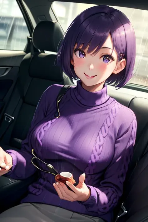 (girl, beautiful, sweet smile, short hair, purple sweater:1.5), (driving in car, driver seat:1.4), (raining outside, traffic, hazy:1.3), (looking at viewer, close up, from chest:1.2), (best quality, high quality:1.2), (masterpiece:1.1), (intricate, detailed:1.0), 8k, hdr, dramatic cinematography, sharp focus, lens flare, ray tracing, reflections, refractions, low key, bokeh