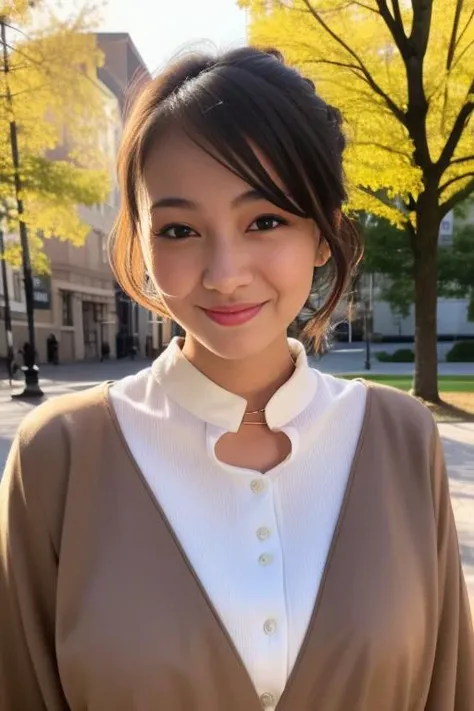 1girl,(wearing a blouse and light brown long jacket:1.2),(RAW photo, best quality), (realistic, photo-realistic:1.4), masterpiece, an extremely delicate and beautiful, extremely detailed, 2k wallpaper, Amazing, finely detail, extremely detailed CG unity 8k wallpaper, ultra-detailed, highres, soft light, beautiful detailed girl, extremely detailed eyes and face, beautiful detailed nose, beautiful detailed eyes,cinematic lighting,autumn scenery,at a park,perfect anatomy,slender body,smiling <lora:takadakaho_lora:0.8>