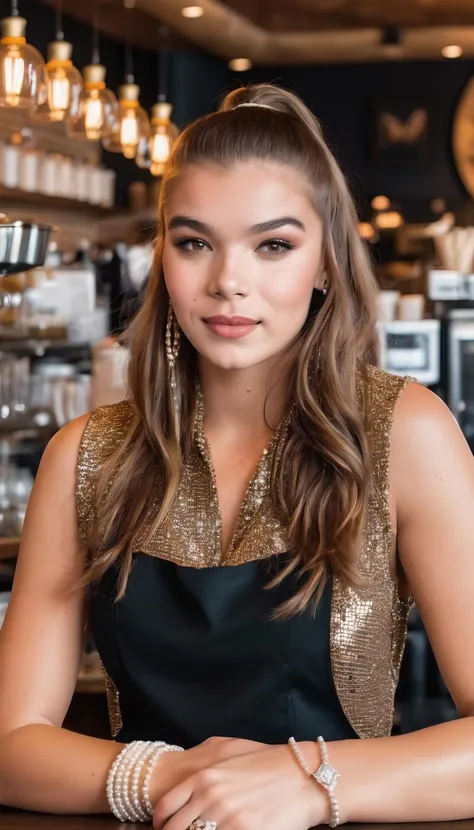 HaiStei, a photo of a beautiful woman, in a coffee shop, as a waitress, natural makeup, jewelry <lora:HaiSteiLoRA_v1:0.95>