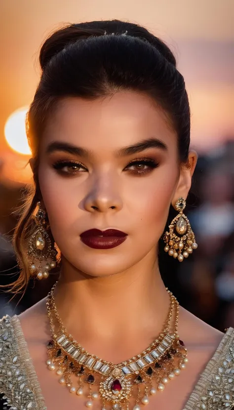 HaiStei, a photo of a beautiful woman, sunset, looking at viewer, face focus, makeup, jewelry <lora:HaiSteiLoRA_v1:0.9>