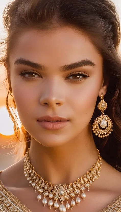 HaiStei, a photo of a beautiful woman, close up portrait, golden hour, natural makeup, jewelry <lora:HaiSteiLoRA_v1:0.95>