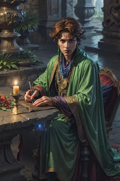 highly detailed, (richly colored) face focus (from above) upper body shot ((digital painting)) of a (((male))) solo (fantasy) (mage in [[tattered]] emerald green robes) with [[beads and tassels]] seated at table, parchment on table, holding antique (quill) pen, in Scandanavian fountain with stone walls and floors, atmospheric, dramatic. BREAK He has auburn medium hair, thin build, warm light skin, light stubble, narrow face, ((radiant skin)), [[body hair]], BREAK ((night time)), candlelight, scenic background, wind blowing, bloom, depth of field, (contrasting colors), (sharp focus), (cinematic camera angle), 8k, style of Alfonso Azpiri <lora:more_details:0.7> <lora:muscle_slider_v1:-2> <lora:AzpiriV10:0.1> <lora:caricature_v2:.8> <lora:color_slider_v2:1.5>