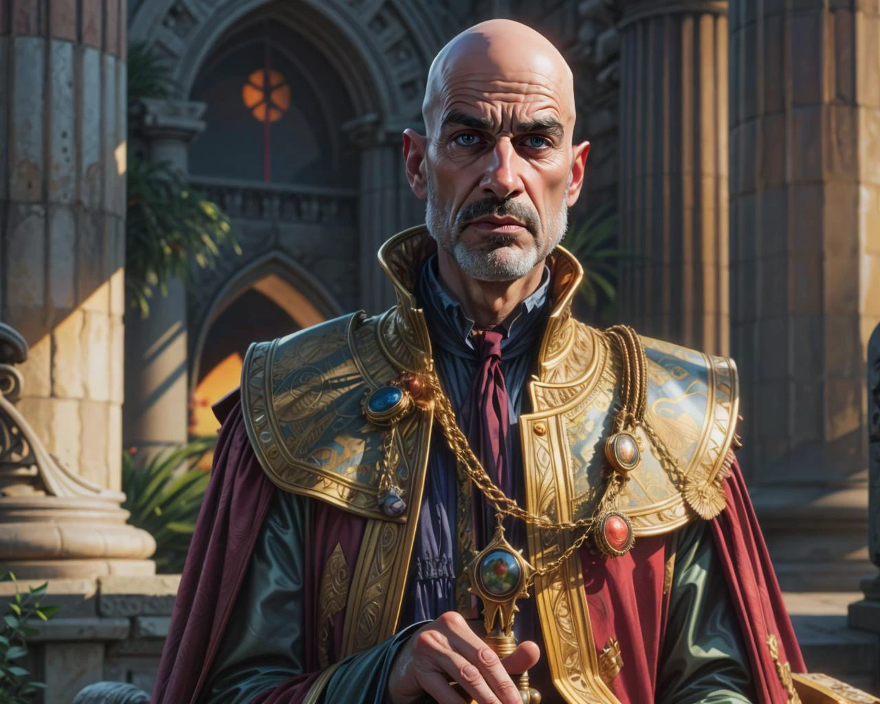 highly detailed, (richly colored) face focus (from above) tallshot ((digital painting)) of a (((male))) solo (fantasy) (royal advisor) in exquisite gemtone robes with collar and golden shoulder mantle, pendants, chains, medals, [beads and tassels], standing in throne in Roman garden with stone walls and floors, atmospheric, dust particles, dramatic. BREAK He has a bald head, tall thin build, villainous, warm tan skin, ((radiant skin)), [[body hair]], BREAK ((golden hour)), ((sunset)), (light rays), (dramatic lighting), scenic background, bloom, depth of field, (contrasting colors), (sharp focus), (cinematic camera angle), 8k, style of Alfonso Azpiri <lora:more_details:0.7> <lora:muscle_slider_v1:-2> <lora:AzpiriV10:0.1>  <lora:caricature_v2:.7> <lora:color_slider_v10:1.5>