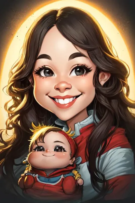 1baby, solo, caricature, looking at viewer, portrait, long hair, light smile, <lora:caricature_V1:0.75>