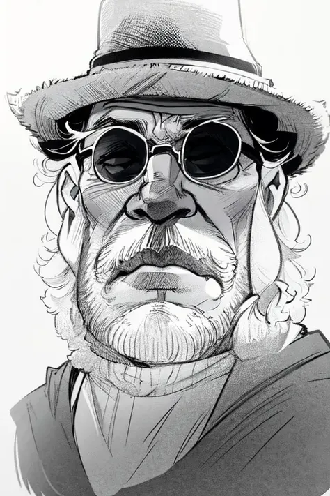 1male, grandfather, caricature, solo, portrait, simple background,
eyewear, hat, beard,
<lora:caricature_v2:1>