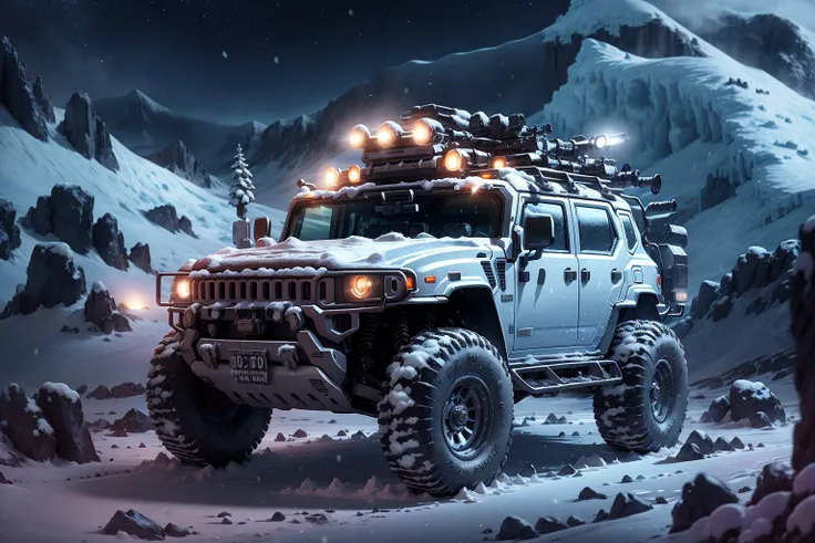 hh3, vehicle focus, no humans, sky, night, mountain, outdoors, star \(sky\), snow, night sky, scenery