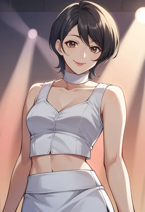 score_9, score_8_up, score_7_up, source_anime BREAK 1girl, solo, <lora:zs_MamiXL-000005:1> mamip2, short hair, black hair, white crop top, midriff, white skirt, white choker, lipstick, cowboy shot, swept bangs, brown eyes, stage, concert, smile, closed mouth, on stage