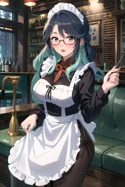 1girl, xianyun \(genshin impact\), glasses, solo, maid, maid headdress, maid apron, embarrassed, pantyhose, open mouth, blush, parted lips, looking at viewer, cowboy shot, bar \(place\), indoors, depth of field, masterpiece