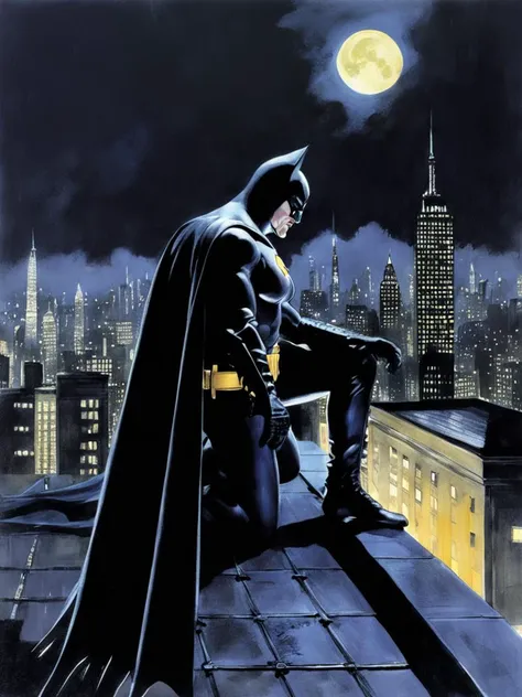 Colour pencil illustration of Batman wearing a black Batman suit kneeling on a rainy Gothic New York roof top at night, dark sky, moon lit cityscape city view, by Robert McGinnis <lora:Batman-000004:0.8>