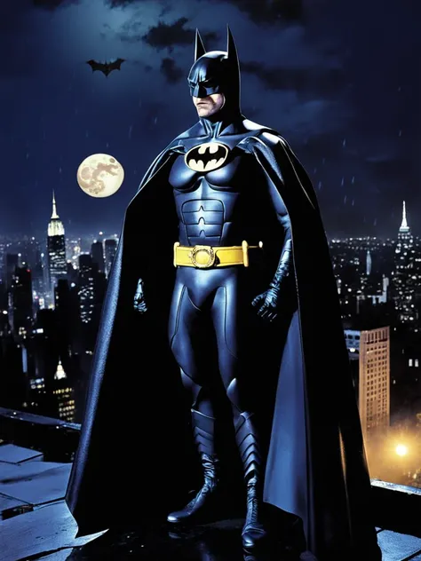 Photo of Batman wearing a black Batman suit on a rainy Gothic New York roof top at night, dark sky, moon lit cityscape city view, by Robert McGinnis <lora:Batman-000004:0.8>