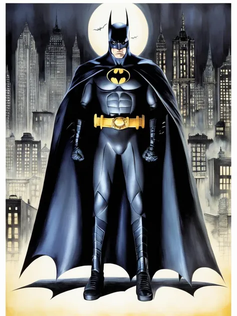 full length illustration of Batman, Tim Burton Gotham City <lora:Batman-000004:0.7>,