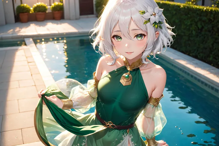 Candid photo of a beautiful girl, with captivating eyes, warm smiling, standing beside a premium pool, full body framing, in a street photography setting, (golden hour lighting:1.3), shot at eye level, on a Fujifilm X-T4 with a 35mm lens, in the style of Alfred Stieglitz,
<lora:kokkoroXL-000002:1>, kokkoro, short hair, (white hair:1.3), hair ornament, hair between eyes, bare shoulders, small breasts, detached sleeves, sleeveless, puffy sleeves, white dress, sleeveless dress, antenna hair, green dress, see-through sleeves, green sleeves,
16k, raw photo, ultra-detailed,(best quality),((masterpiece)), highres,realistic, wet, wet clothes, see through