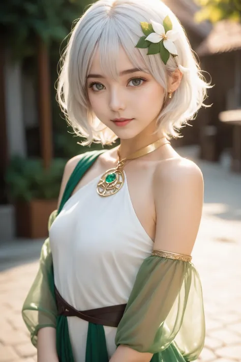 Candid photo of a beautiful girl, with captivating eyes, warm smiling, standing beside a premium pool, full body framing, in a street photography setting, (golden hour lighting:1.3), shot at eye level, on a Fujifilm X-T4 with a 35mm lens, in the style of Alfred Stieglitz,
<lora:kokkoroXL-000002:1>, kokkoro, short hair, (white hair:1.3), hair ornament, hair between eyes, bare shoulders, small breasts, detached sleeves, sleeveless, puffy sleeves, white dress, sleeveless dress, antenna hair, green dress, see-through sleeves, green sleeves, 
16k, raw photo, ultra-detailed,(best quality),((masterpiece)), highres,realistic, wet, wet clothes, see through