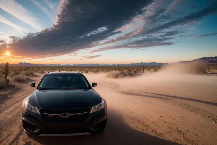 (high quality raw image, masterpiece:1.23), (a Car) (some dark clouds in the horizon:1.2), (one driver one passenger inside the car:1.45), nevada desert, dusty trails, clouds of dust as the car vanish into the distance, highly detaild, 8k resolution, mirorless camera, stunning cinematic lighting, (near sunset:1.25), (vibrant colors:0.75), realistic atmopshere, (used tyres:0.8), (wear and tear:0.7), (ultra detailed background:1.2), realistic nevada desert scene, (perfectly drawn car,:1.2) (realistic car paint surface, realistic surfaces, dusty and life like:1.2)
