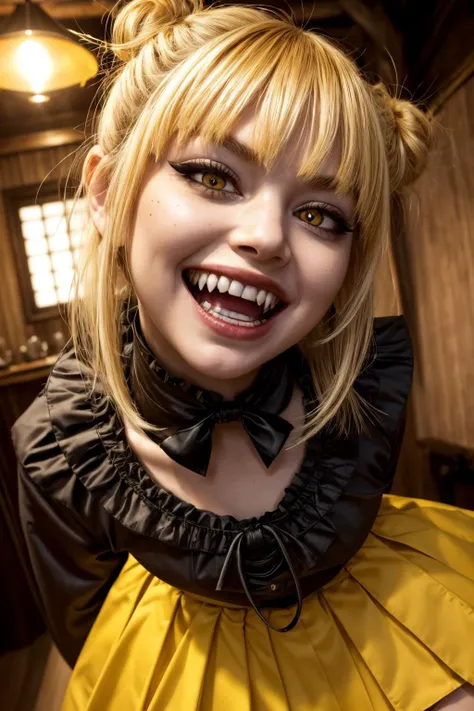 (full body shot, full body:1.2), himiko toga, (blonde hair:1.2),asian, caucasian, blunt bangs, bleached hair, double bun, eyebrows hidden by hair, eyeliner, hair bun, makeup, messy hair, (yellow eyes), fangs, narrow eyes, <lora:add_detail:0.8> <lora:togatest:0.9>, creepy smile, realistic, detailed face, girl, high detailed skin,skin pores, 8k uhd,dslr,soft lighting,high quality,film grain,Fujifilm XT3, (pleated skirt:1.0), eye liner, vampire fangs, (head tilt:1.2), 1girl, (evil smile, creepy stare:1.3), constricted pupils, small pupils, (yellow caridan), long sleeves, (bright red neckerchief:1.2), socks, (fangs:1) <lora:fangs:0.5> <lora:unagedown_V20:-1>
