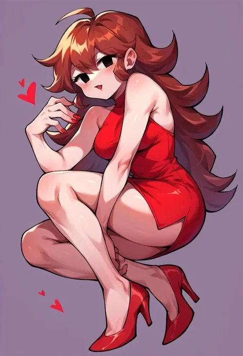 score_9, score_8_up, score_7_up, source_anime, rating questionable,<lora:GirlfriendXLPDLoCon:.95> girlfriend \(friday night funkin'\), red dress, sleeveless dress, short dress, bare shoulders, red footwear, high heels, black eyes