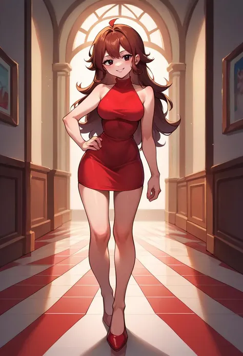 score_9, score_8_up, source_anime, 1girl, solo, girlfriend \(friday night funkin'\), red dress, sleeveless dress, short dress, bare shoulders, red footwear, high heels, standing, full body, legs, indoors, reflective floor, hand on hip, smile, <lora:GirlfriendXLPDLoCon:1>