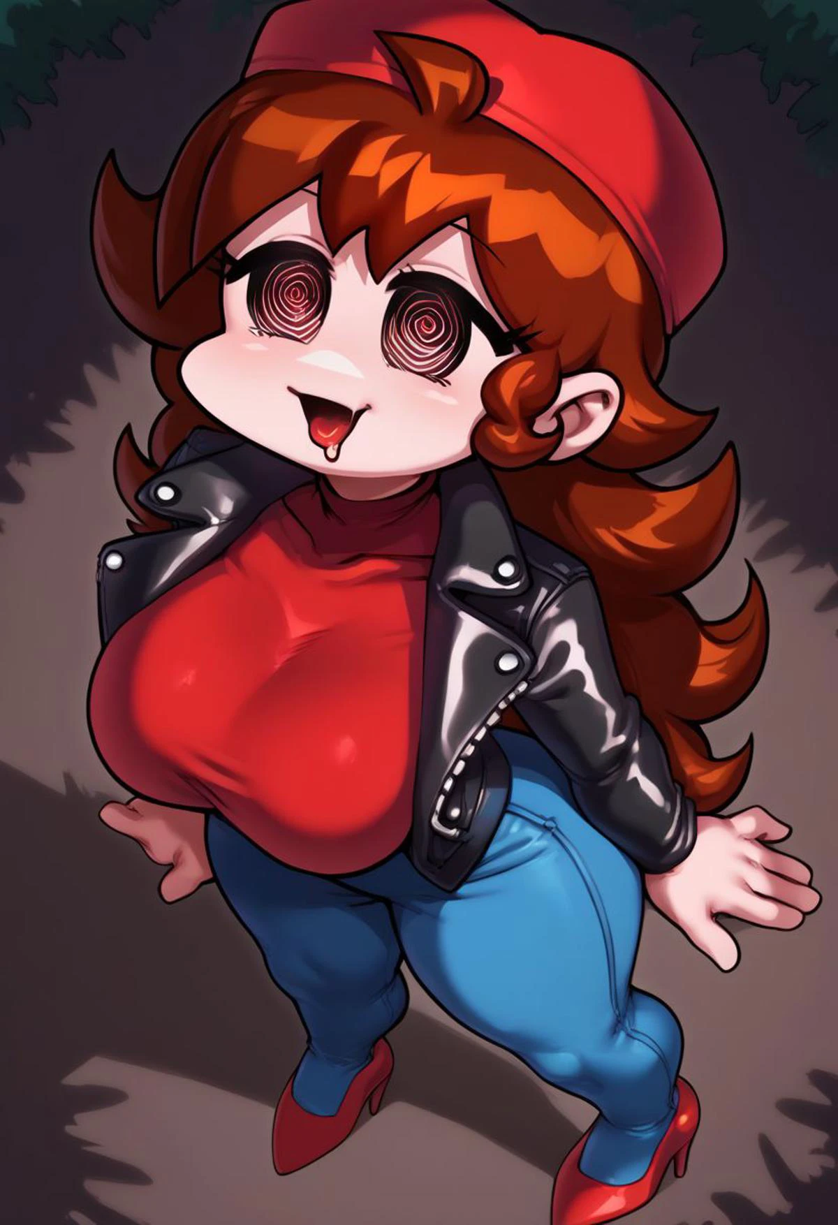 hypnosis, mind control, score_9, score_8_up, high quality, good details, amazing details, incredible shading, source_anime, solo focus, high angle shot,
1 girl, (girlfriend \(friday night funkin'\), (Caucasian, brown hair, curvy figure, round breasts, leather jacket, red beret, red footwear, high heels), standing, under a tree, slouching, wide-eyed, hypnotized (coin on a string, white/red spirals, spiral eyes, swirly eyes, @_@, Spiral only eyes, spiralwash eyes), open mouth, drool),
Forest background, (dirt floor, nighttime, midnight, moonlight, outdoors, deep shadows)