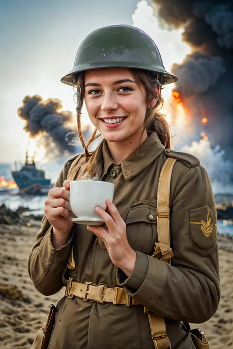 a smiling cute female ww1brit looking at the camera and drinking tea on a beach, helmet,
sea, warship sinking, (fire, heavy smoke:1.2), tracer bullets, explosion, attack plane, world war,
flare, 35mm photograph, film, bokeh, professional, 4k, highly detailed,
<lora:ww1brit_v0.1:0.55>