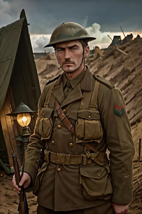 closeup photograph of PhilipCipher, world war one british officer <lora:ww1brit_v0.1:0.65>, battlefield, no man's land, painting, world war one, ww1, battle, Verdun, Ypres, William Barnes-Wollen, John Singer Sargent, CRW Nevinson, war photography, Ernest Brooks, cinematic lighting, atmospheric, 35mm, depth of field