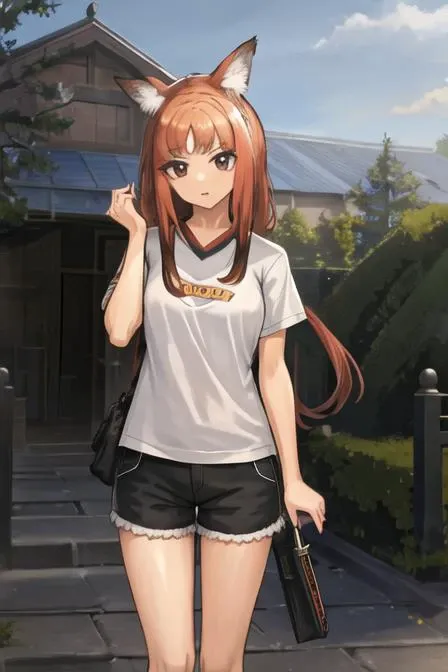 masterpiece, best quality, highres, standing, outdoors, looking at user, 1girl, sicurus, animal ears, one animal tail, sicurus, shorts, t-shirt, <lora:64_Sicurus_N:0.8>,