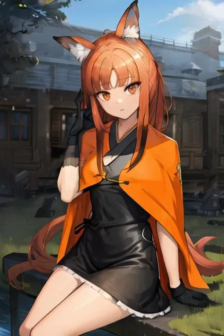 masterpiece, best quality, highres, standing, outdoors, looking at user, 1girl, sicurus, animal ears, one animal tail, sicurus, cowboy shot, sitting, <lora:AiSicurus_11:0.95>, dress, kimono, orange capelet, (short gloves), from sides