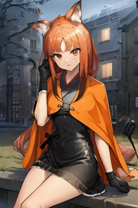 masterpiece, best quality, highres,  standing, outdoors, looking at user, 1girl,  sicurus, animal ears, one animal tail,   sicurus, cowboy shot, sitting, outdoors, street, <lora:AiSicurus_11:0.95>, dress, kimono, orange capelet, (short gloves)
