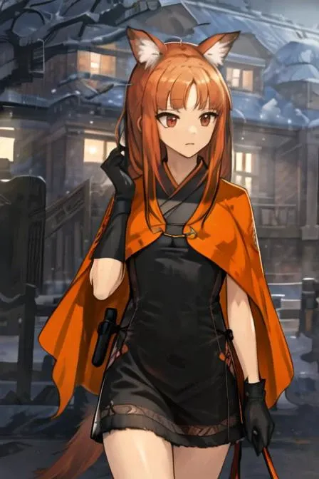 masterpiece, best quality, highres, standing, outdoors, looking at user, 1girl, sicurus, animal ears, one animal tail, sicurus, cowboy shot, walking, dress, kimono, orange capelet, (short gloves), from sides, <lora:64_Sicurus_N:0.81>